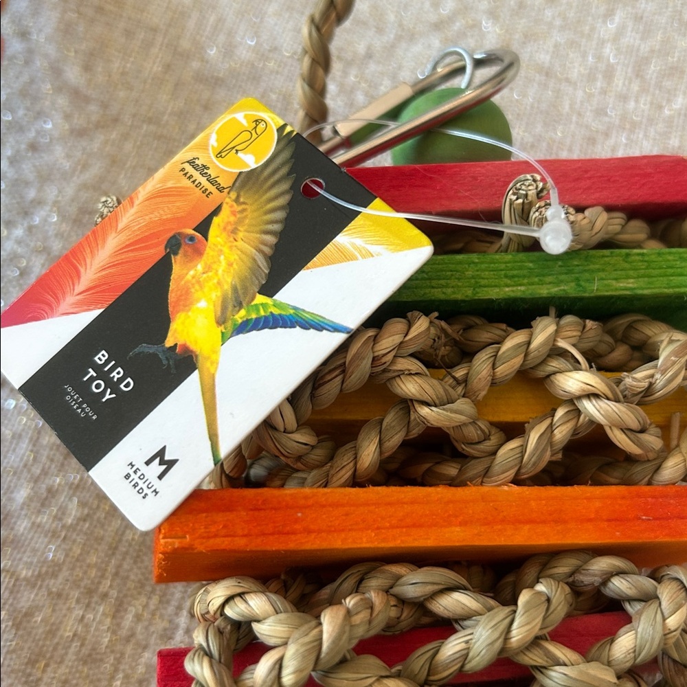 Bird Toy Bundle Shredding Toy Multicolored Natural Wooden Blocks & Cotton Perch - Picture 3 of 4